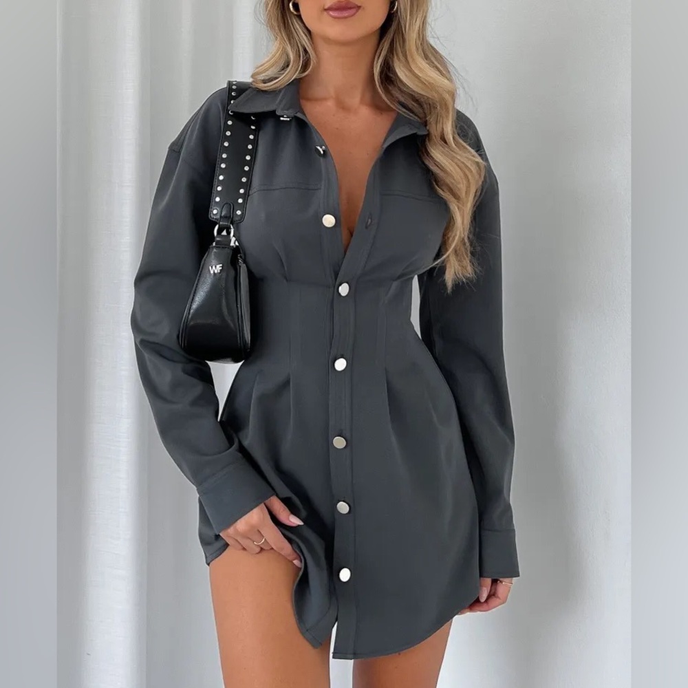 White Fox Boutique Charcoal Button-Up Dress
